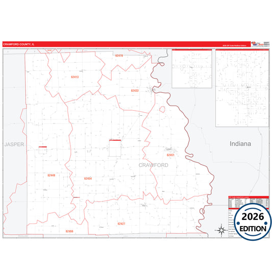 Crawford County, IL Red Line 5 Digit ZIP Code Wall Map