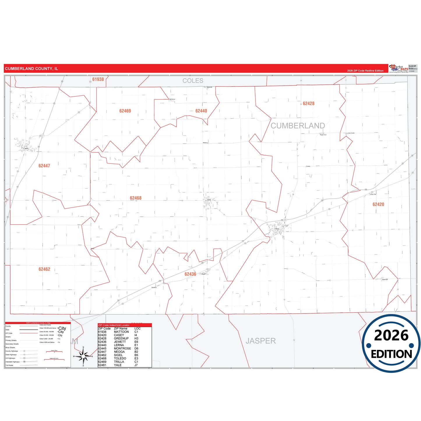 Cumberland County, IL Red Line 5 Digit ZIP Code Wall Map