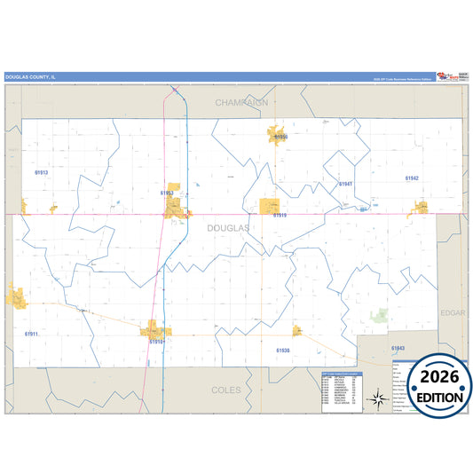 Douglas County, IL Business Reference 5 Digit ZIP Code Wall Map