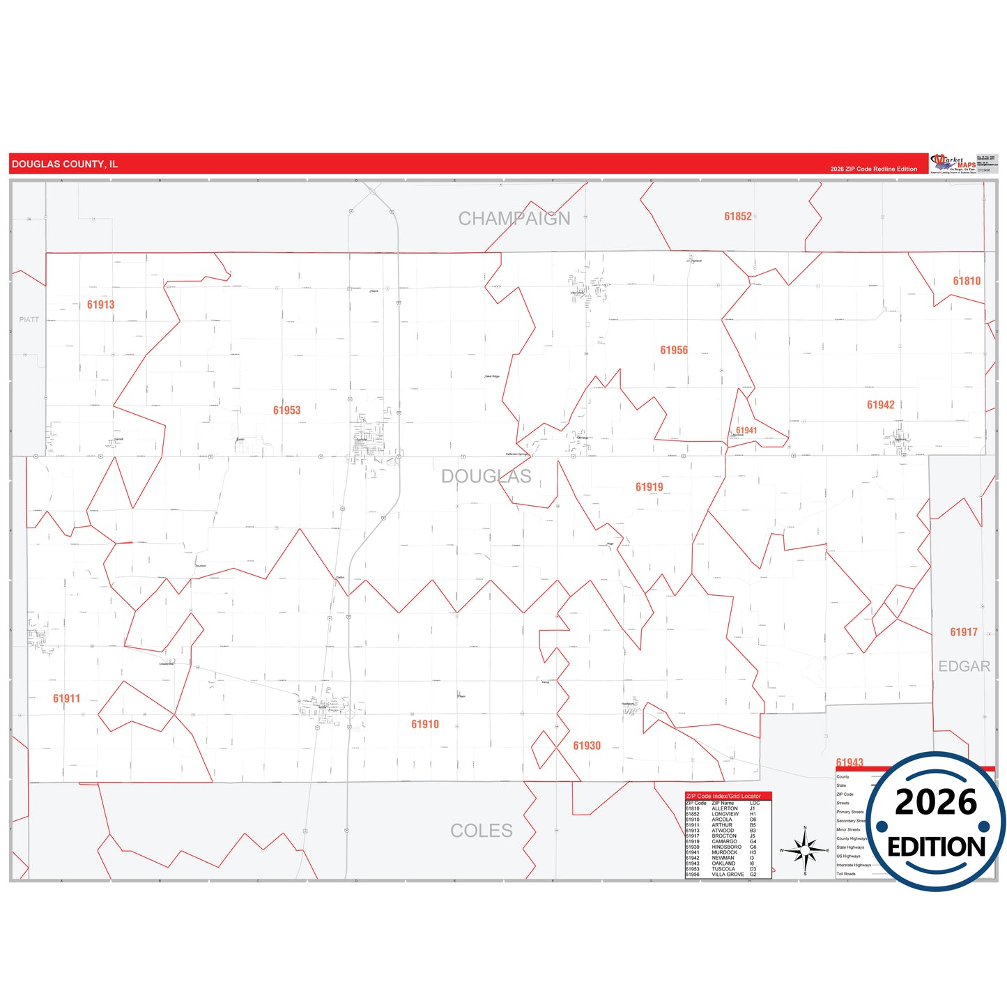 Douglas County, IL Red Line 5 Digit ZIP Code Wall Map