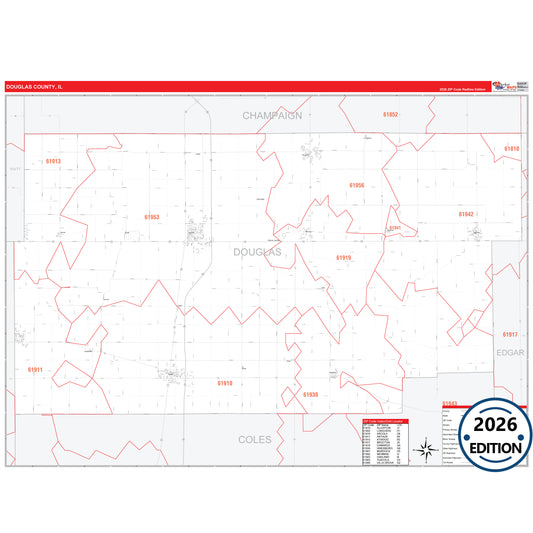 Douglas County, IL Red Line 5 Digit ZIP Code Wall Map