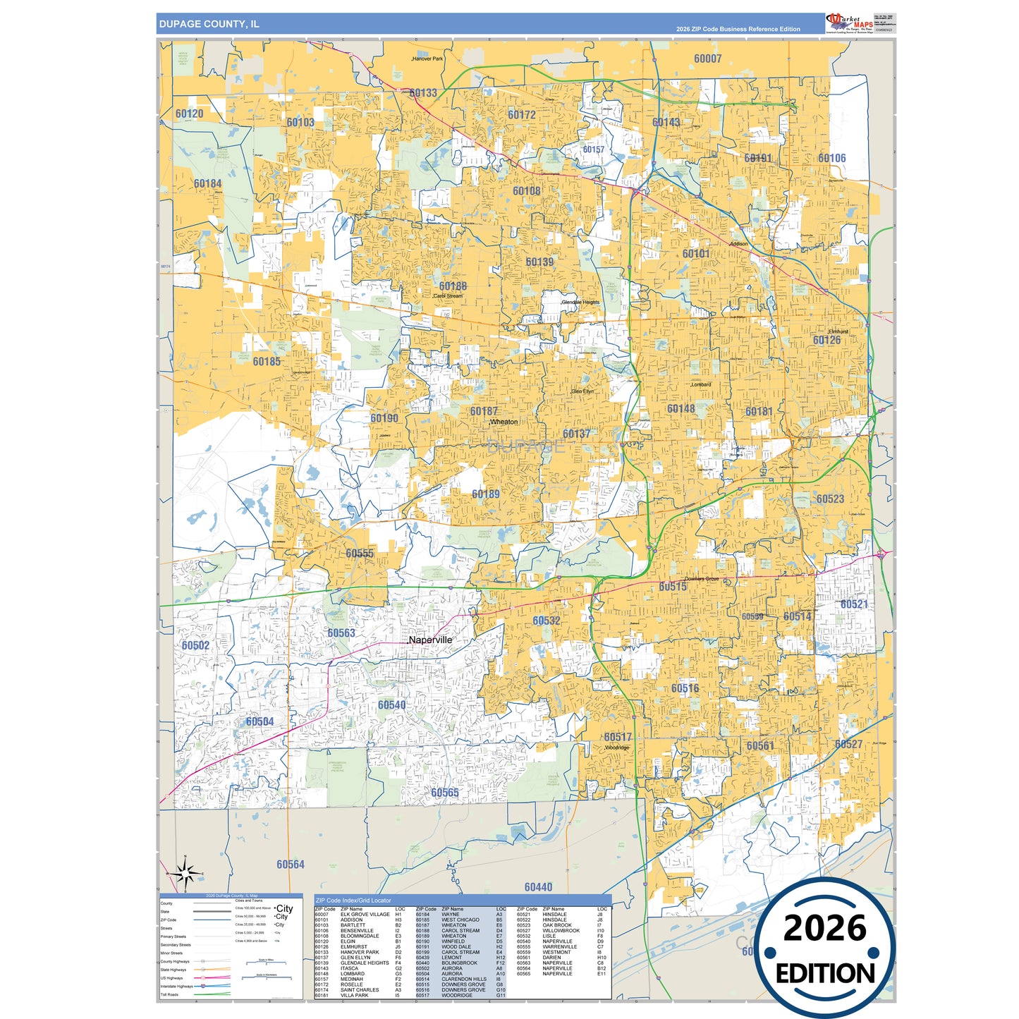 DuPage County, IL Business Reference 5 Digit ZIP Code Wall Map
