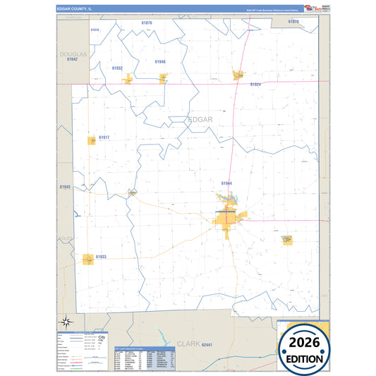 Edgar County, IL Business Reference 5 Digit ZIP Code Wall Map