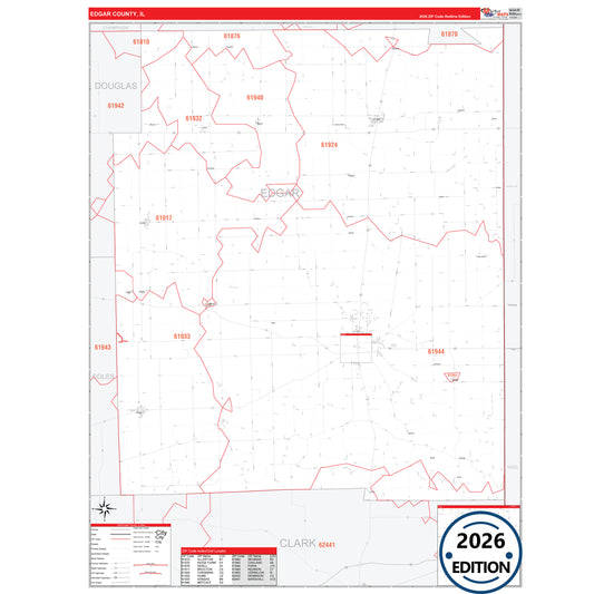 Edgar County, IL Red Line 5 Digit ZIP Code Wall Map