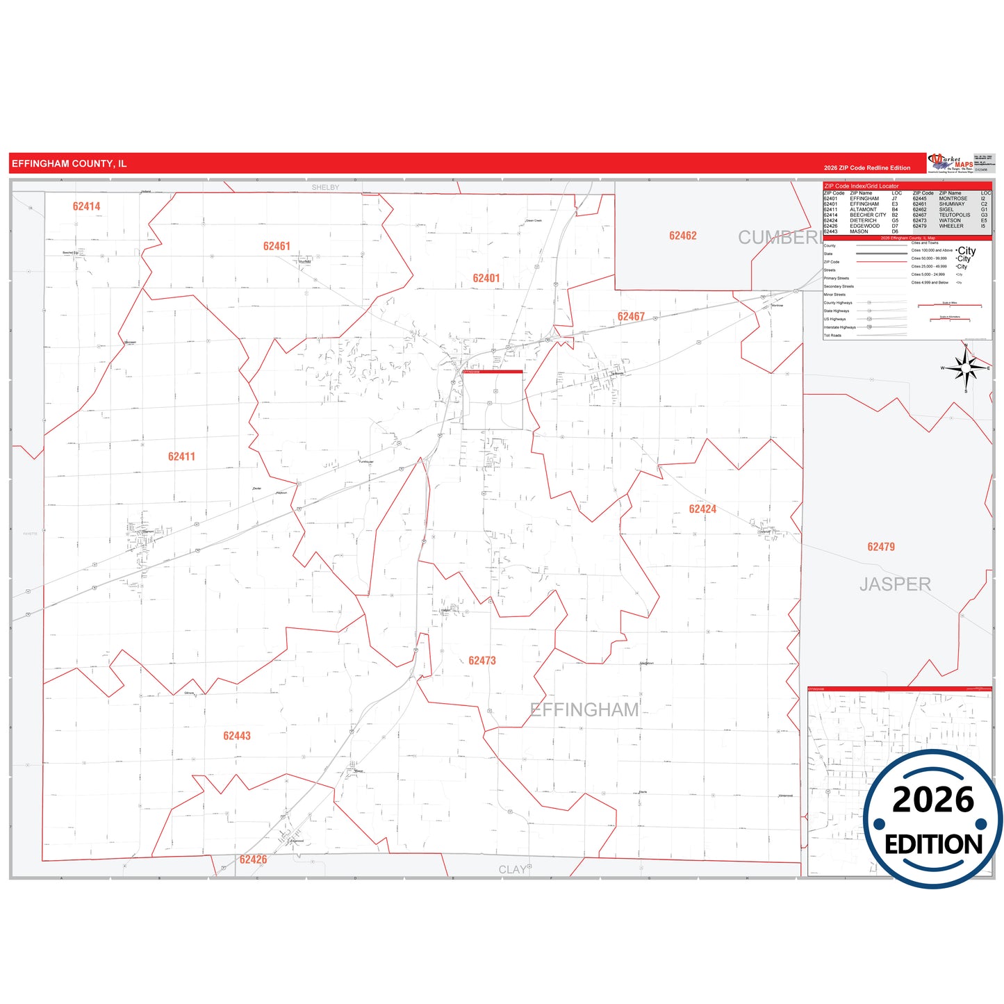 Effingham County, IL Red Line 5 Digit ZIP Code Wall Map