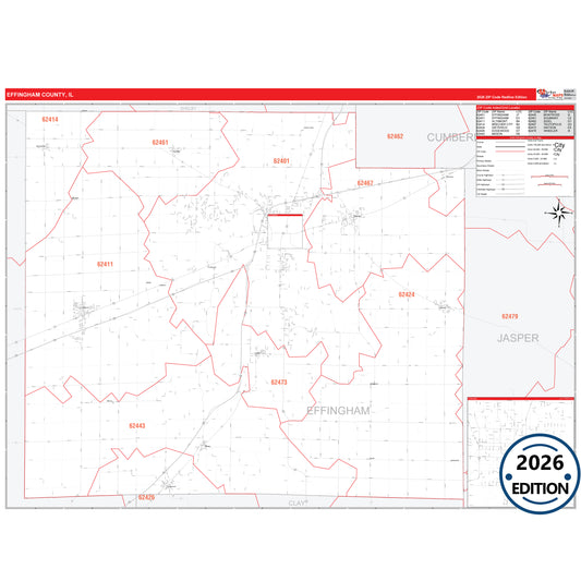 Effingham County, IL Red Line 5 Digit ZIP Code Wall Map