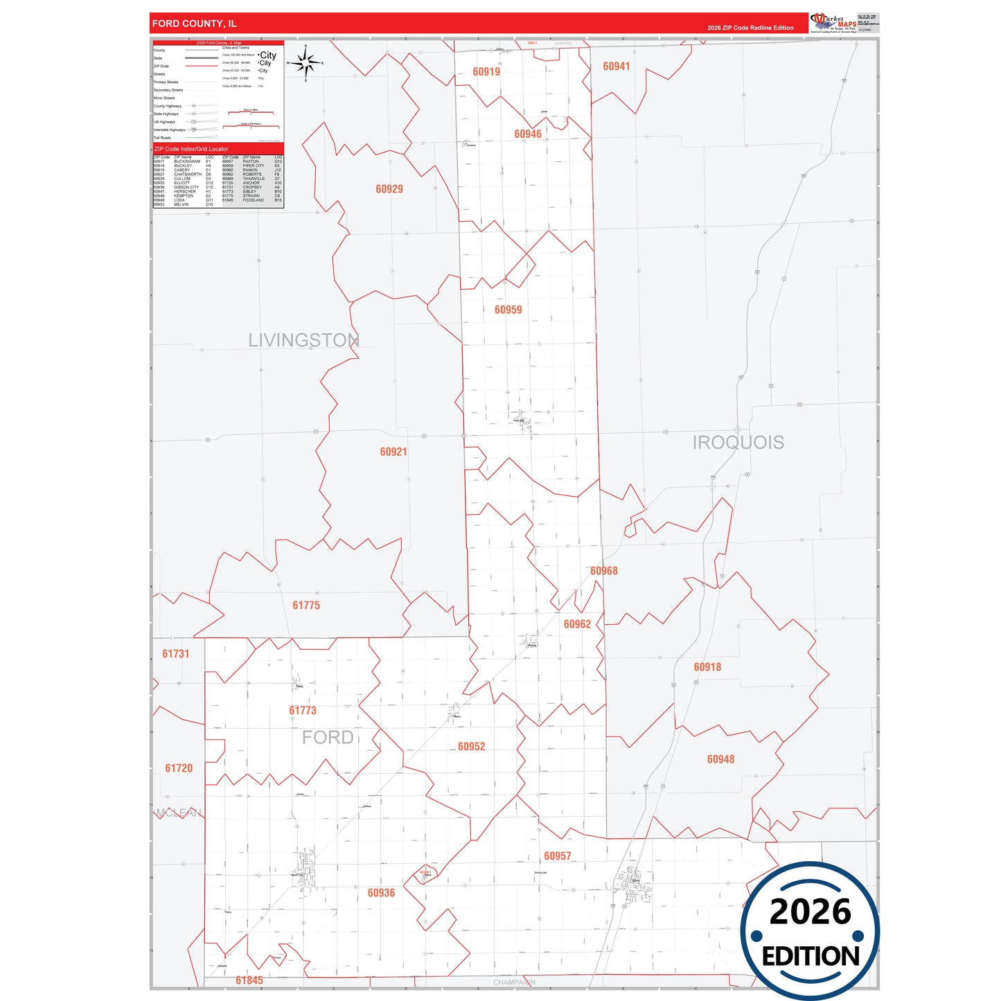 Ford County, IL Red Line 5 Digit ZIP Code Wall Map