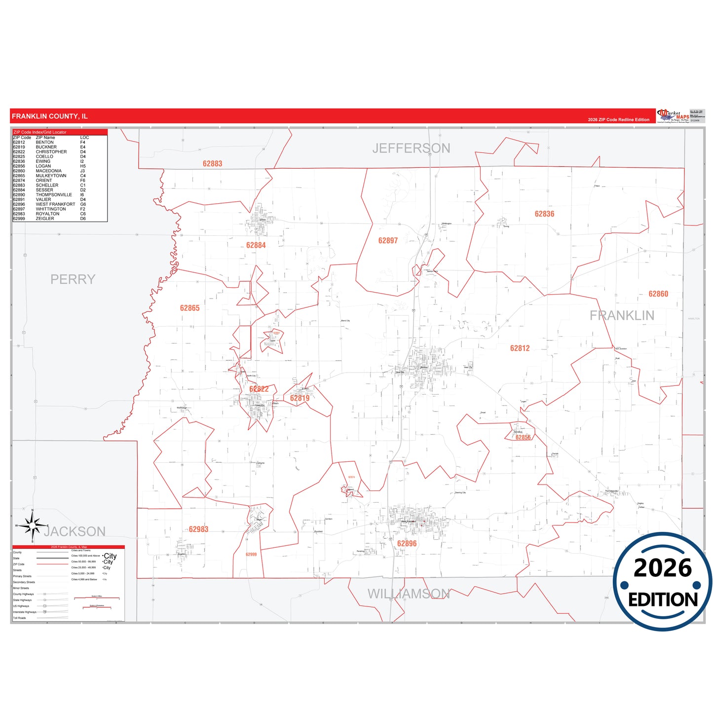 Franklin County, IL Red Line 5 Digit ZIP Code Wall Map