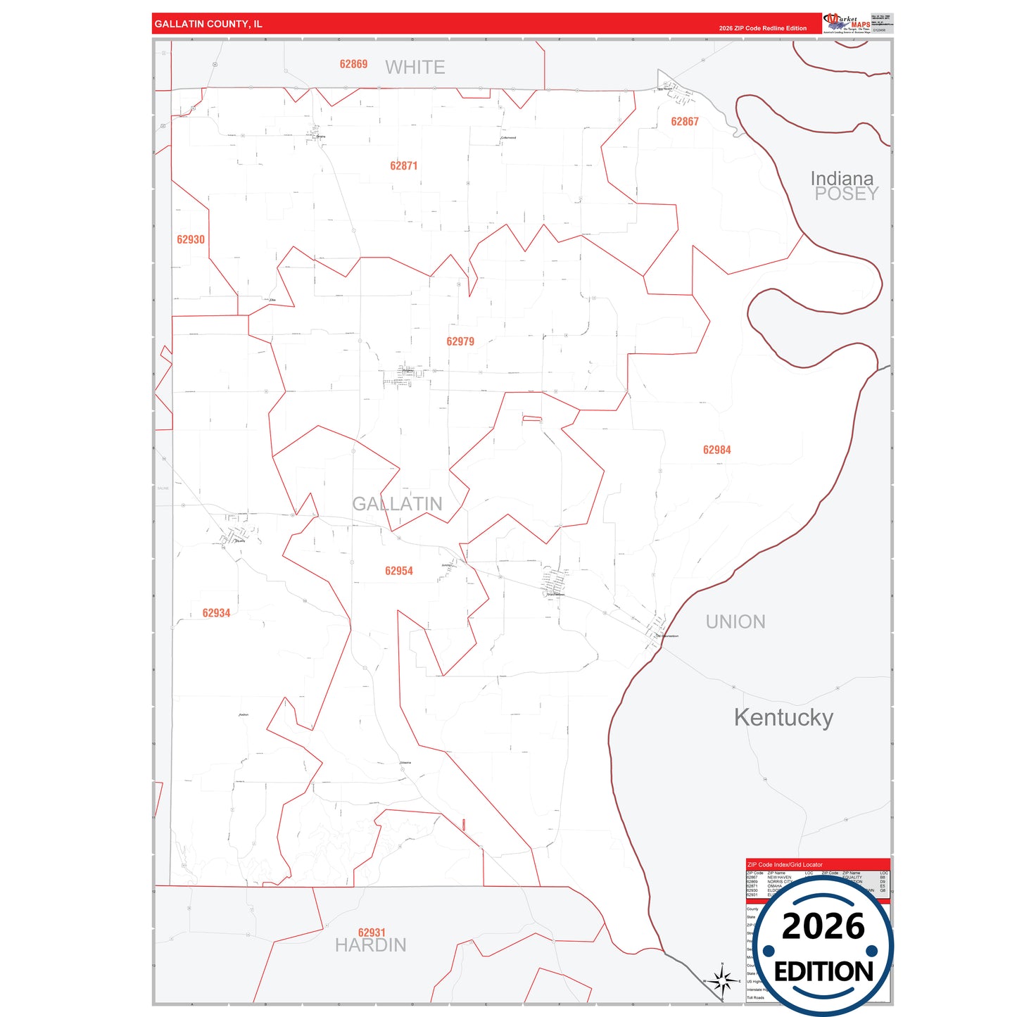 Gallatin County, IL Red Line 5 Digit ZIP Code Wall Map