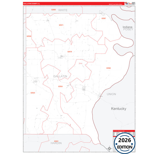 Gallatin County, IL Red Line 5 Digit ZIP Code Wall Map