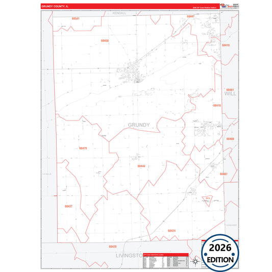 Grundy County, IL Red Line 5 Digit ZIP Code Wall Map