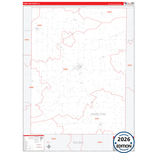 Hamilton County, IL Red Line 5 Digit ZIP Code Wall Map