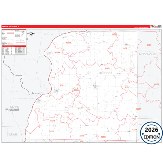 Hancock County, IL Red Line 5 Digit ZIP Code Wall Map