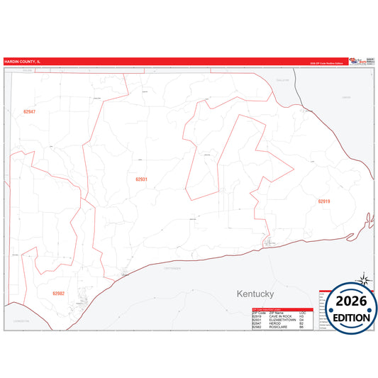 Hardin County, IL Red Line 5 Digit ZIP Code Wall Map