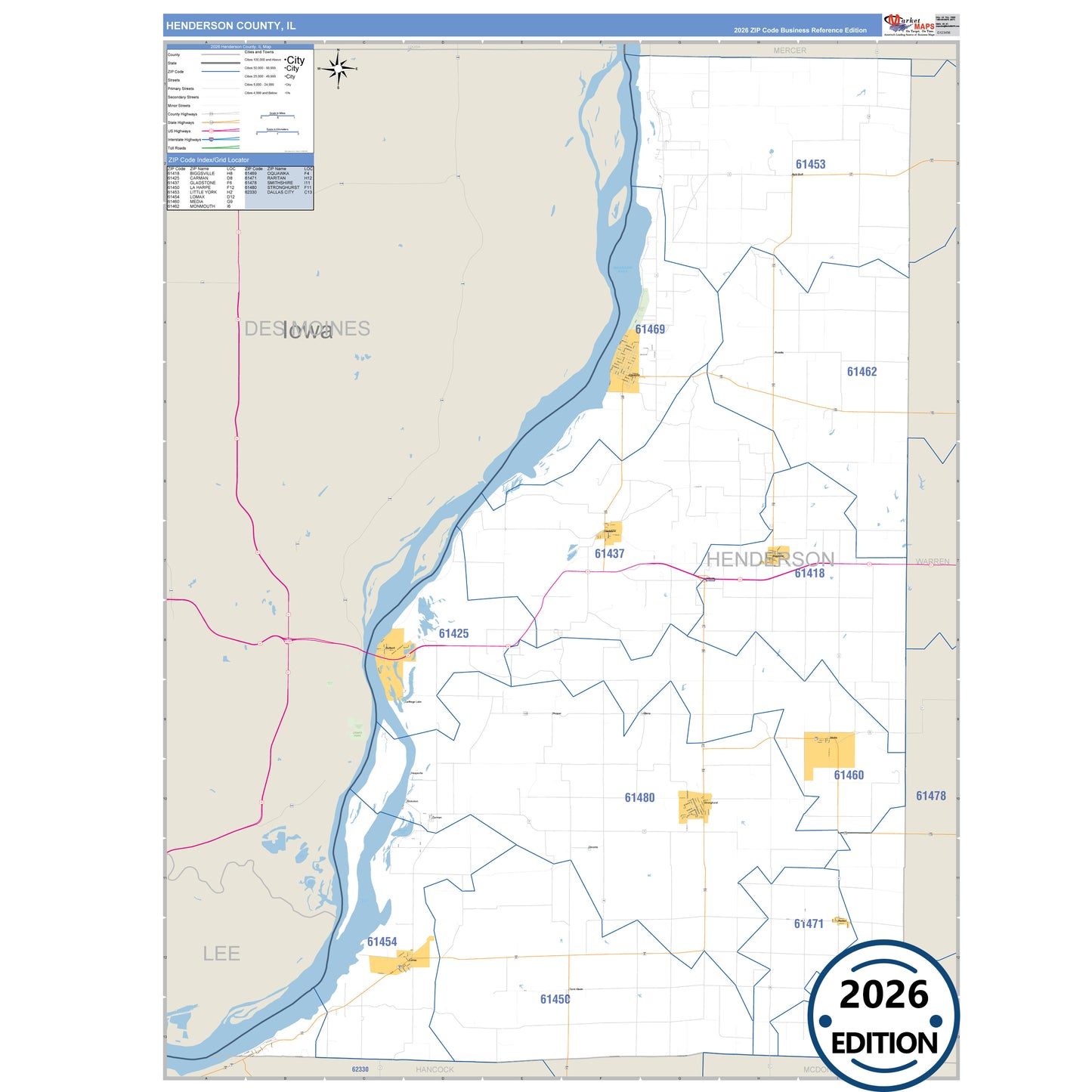 Henderson County, IL Business Reference 5 Digit ZIP Code Wall Map
