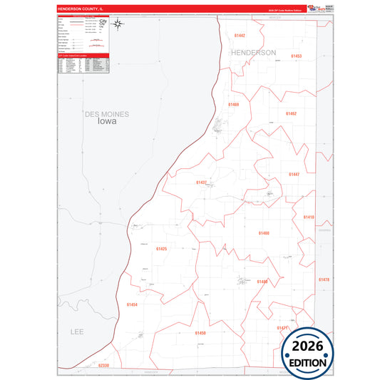 Henderson County, IL Red Line 5 Digit ZIP Code Wall Map