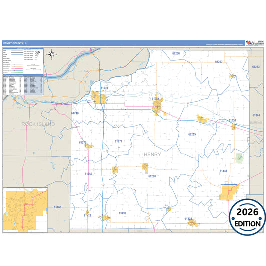 Henry County, IL Business Reference 5 Digit ZIP Code Wall Map