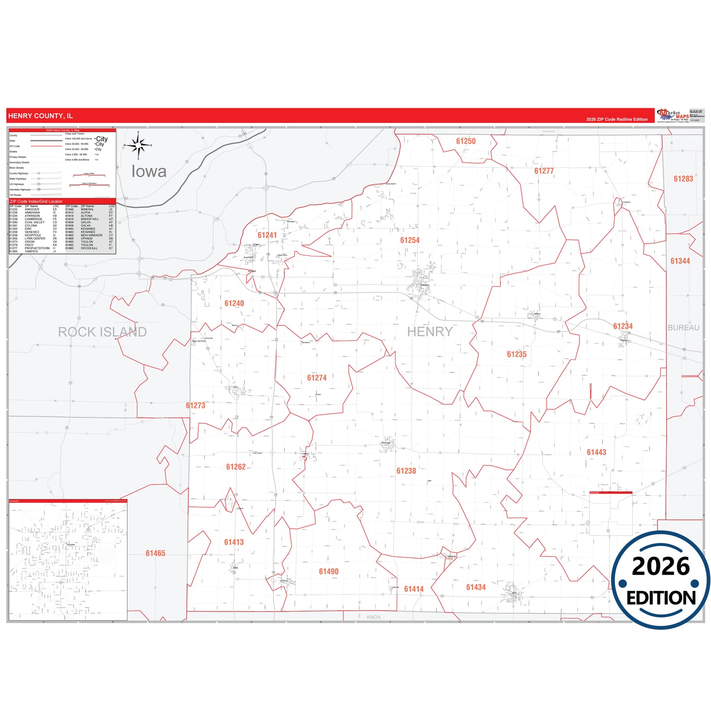 Henry County, IL Red Line 5 Digit ZIP Code Wall Map