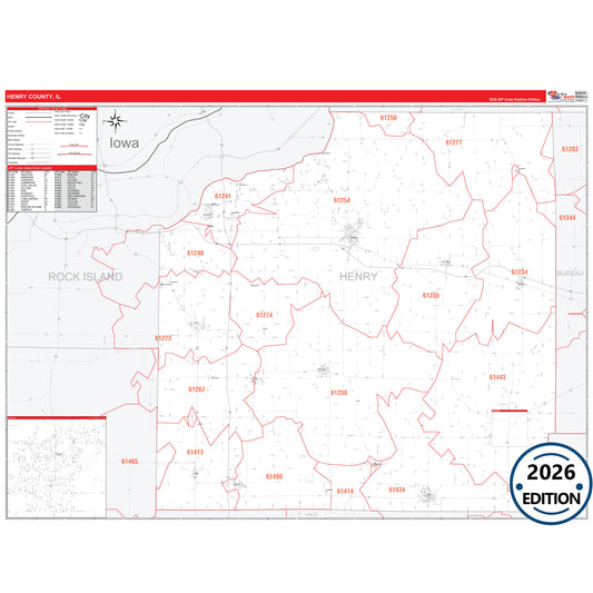 Henry County, IL Red Line 5 Digit ZIP Code Wall Map