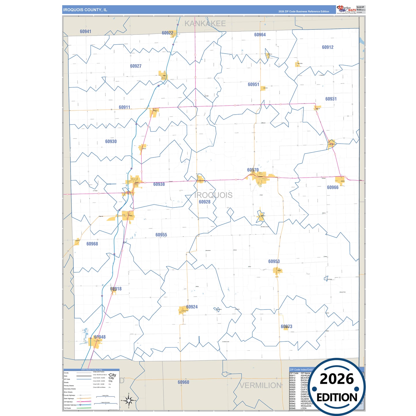 Iroquois County, IL Business Reference 5 Digit ZIP Code Wall Map