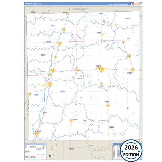 Iroquois County, IL Business Reference 5 Digit ZIP Code Wall Map