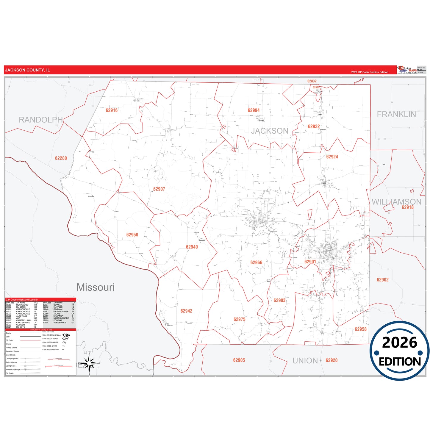 Jackson County, IL Red Line 5 Digit ZIP Code Wall Map