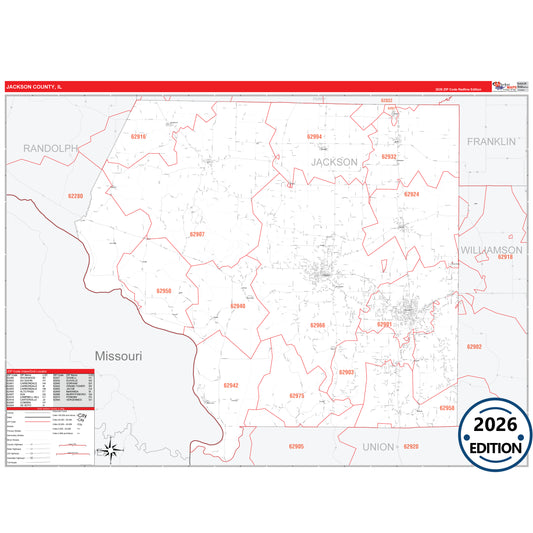 Jackson County, IL Red Line 5 Digit ZIP Code Wall Map