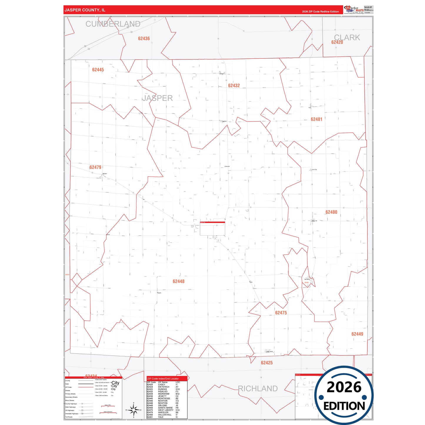 Jasper County, IL Red Line 5 Digit ZIP Code Wall Map