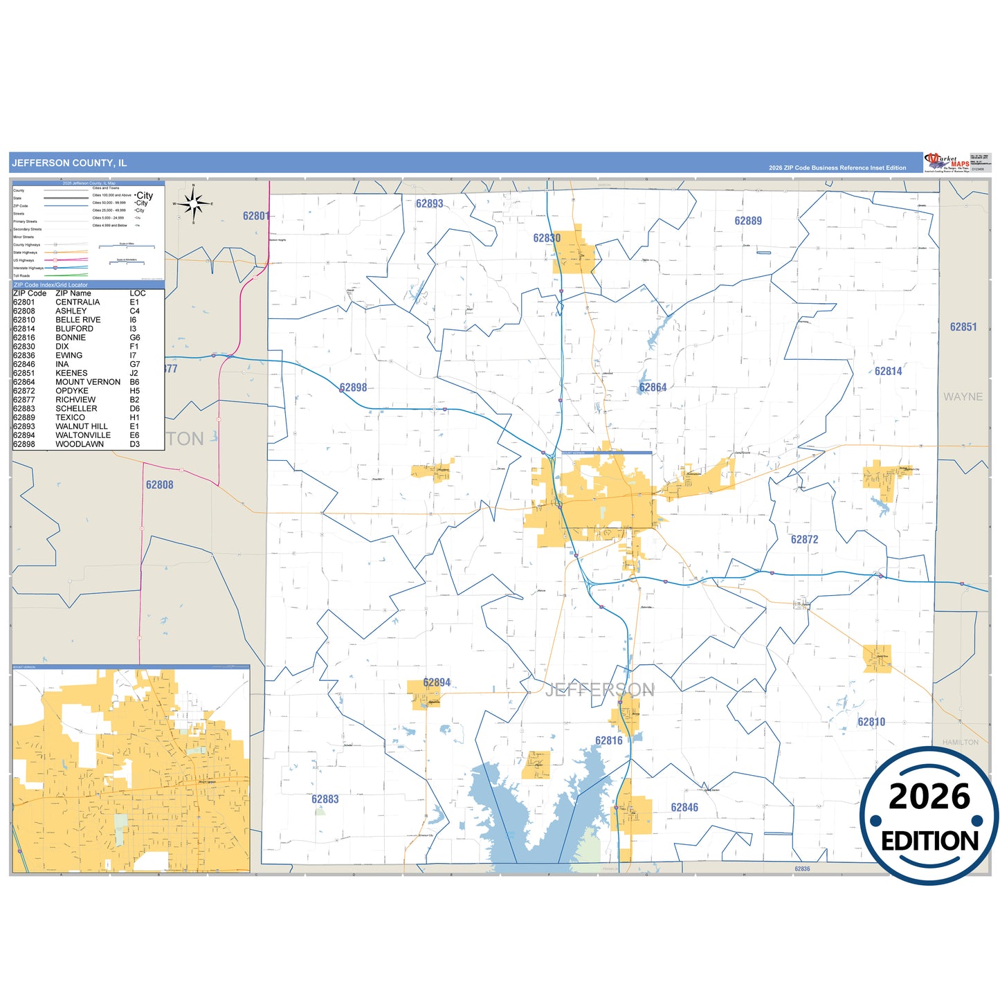Jefferson County, IL Business Reference 5 Digit ZIP Code Wall Map