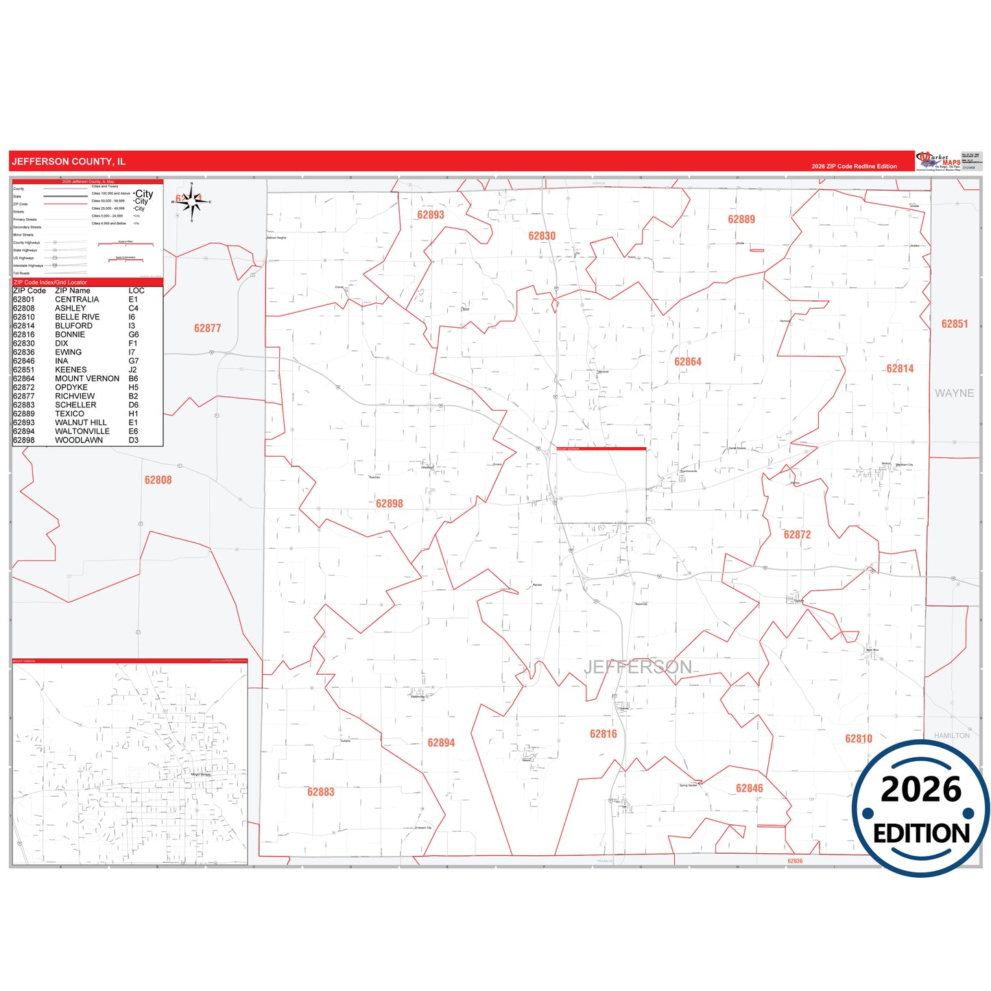 Jefferson County, IL Red Line map with detailed roads, cities, and ZIP code boundaries.