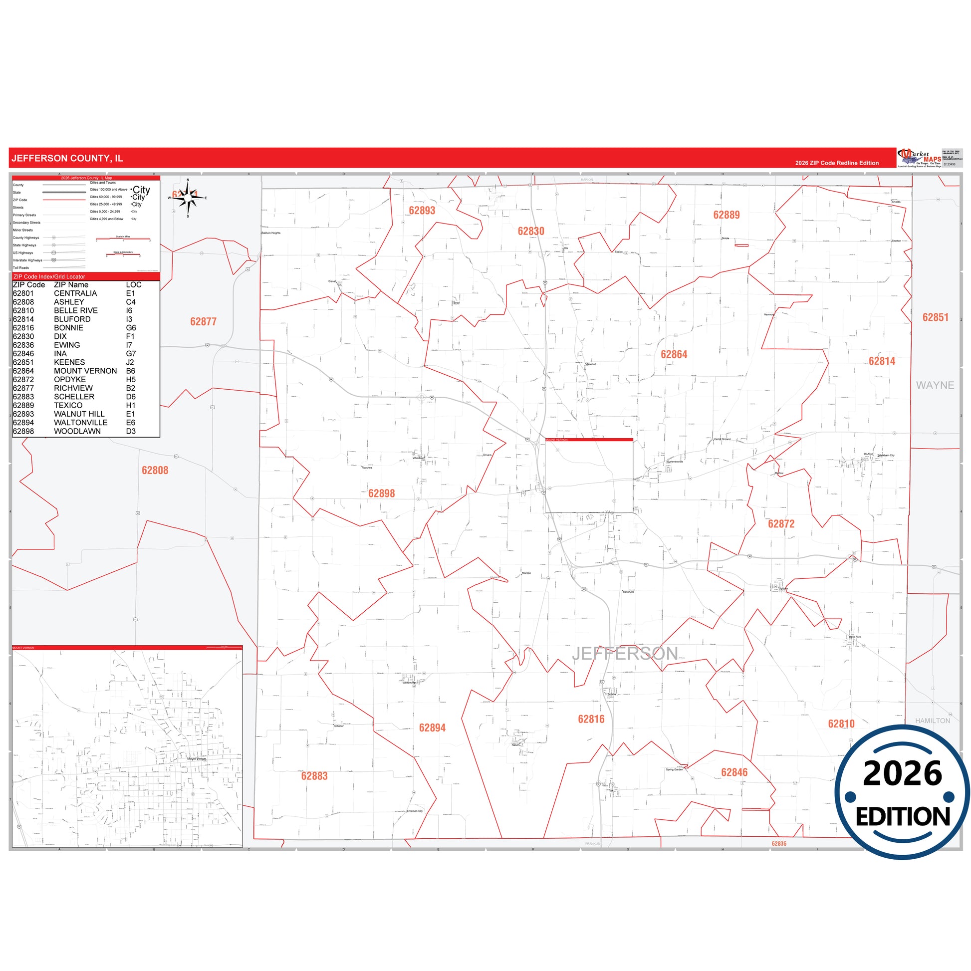 Jefferson County, IL Red Line map with detailed roads, cities, and ZIP code boundaries.