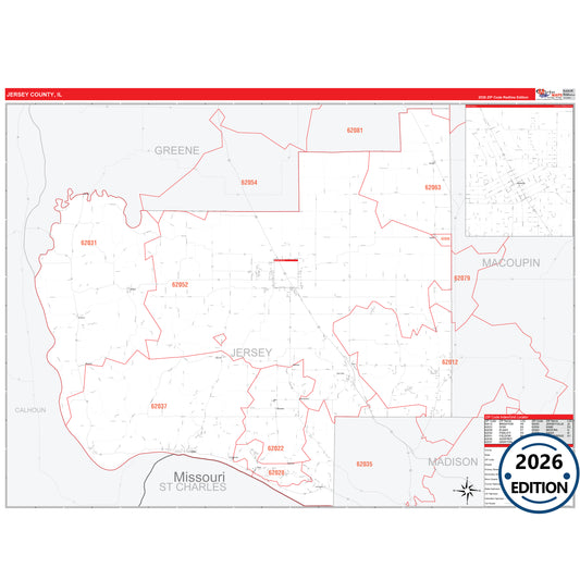 Jersey County, IL Red Line 5 Digit ZIP Code Wall Map