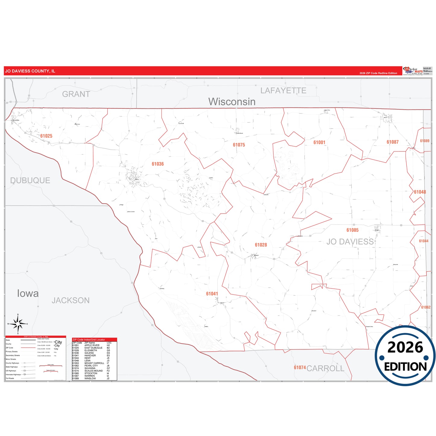 Jo Daviess County, IL Red Line 5 Digit ZIP Code Wall Map