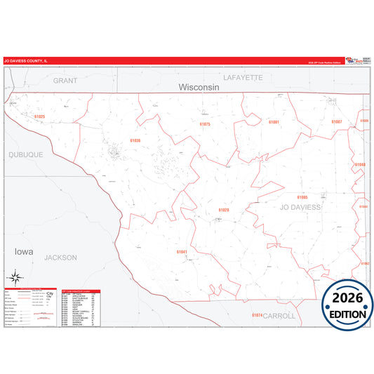 Jo Daviess County, IL Red Line 5 Digit ZIP Code Wall Map