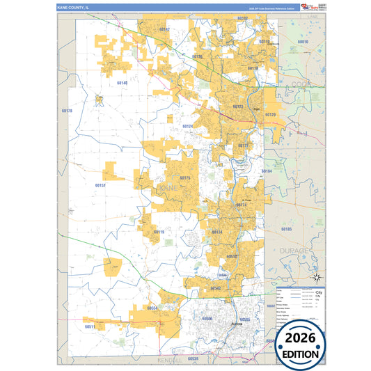 Kane County, IL Business Reference 5 Digit ZIP Code Wall Map