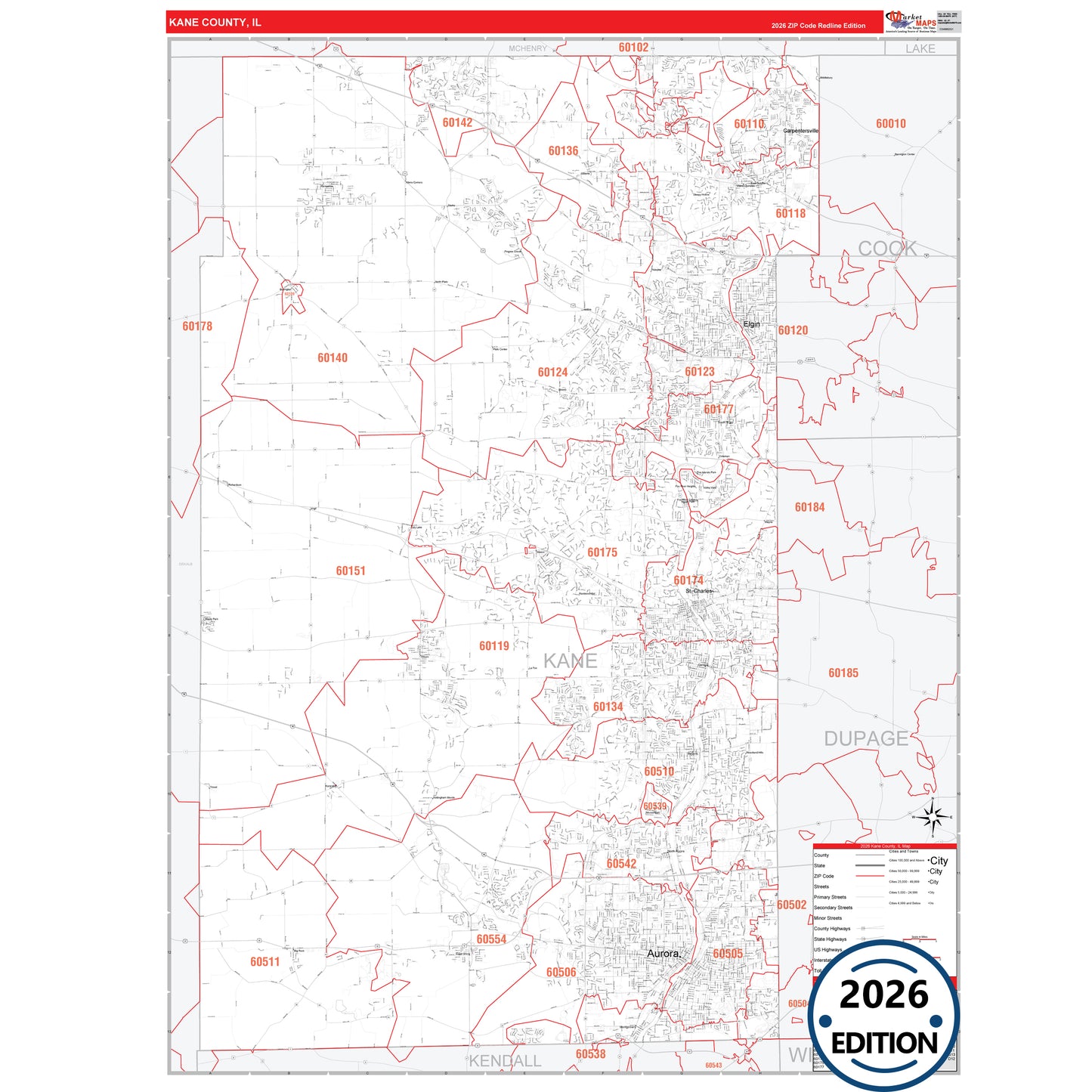 Kane County, IL Red Line 5 Digit ZIP Code Wall Map