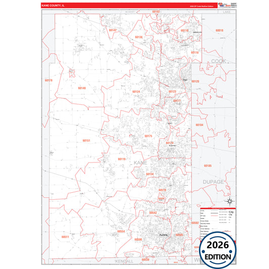 Kane County, IL Red Line 5 Digit ZIP Code Wall Map
