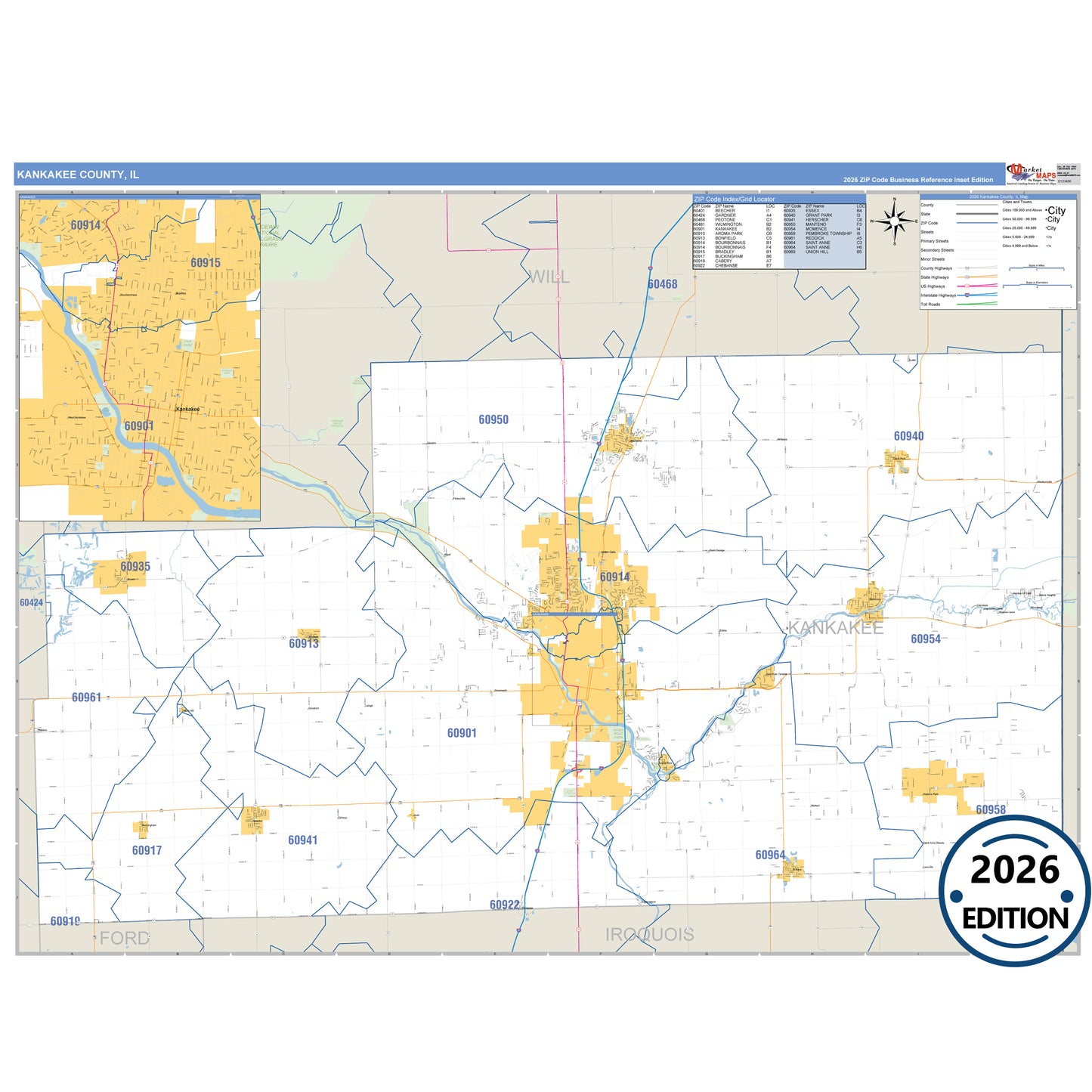 Kankakee County, IL Business Reference 5 Digit ZIP Code Wall Map