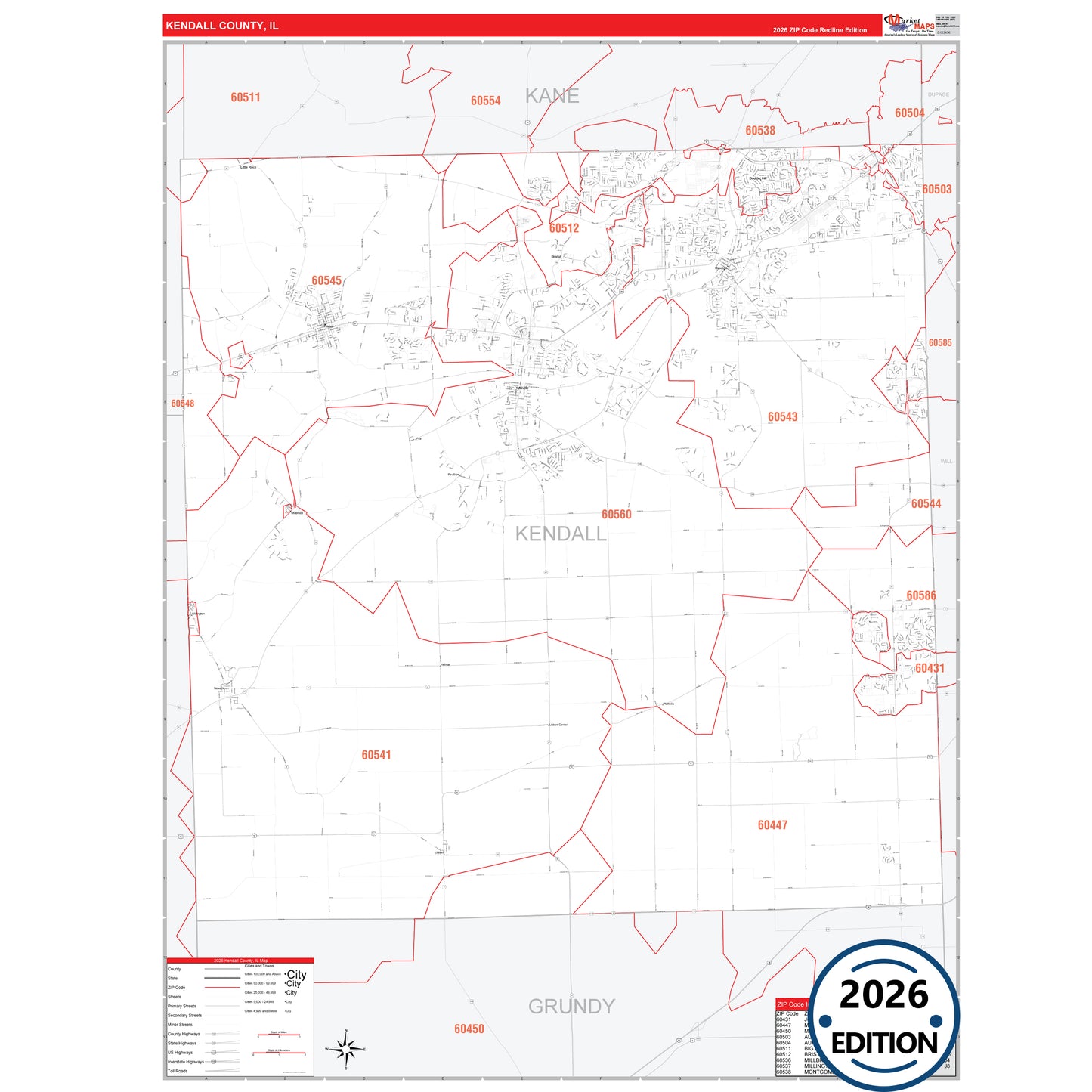 Kendall County, IL Red Line 5 Digit ZIP Code Wall Map