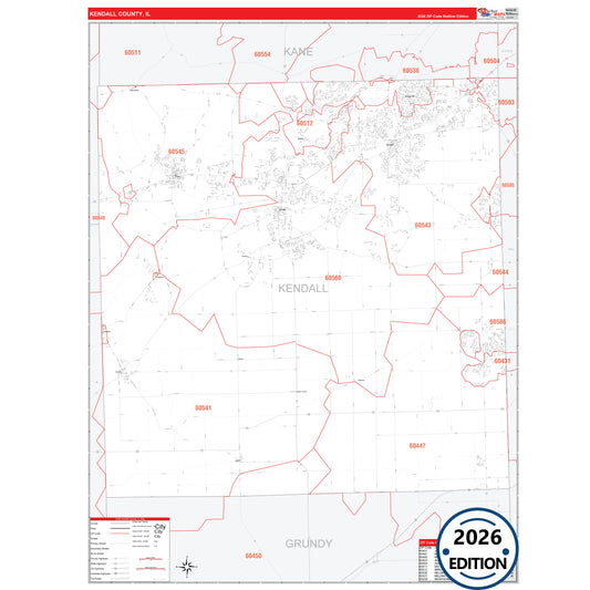 Kendall County, IL Red Line 5 Digit ZIP Code Wall Map