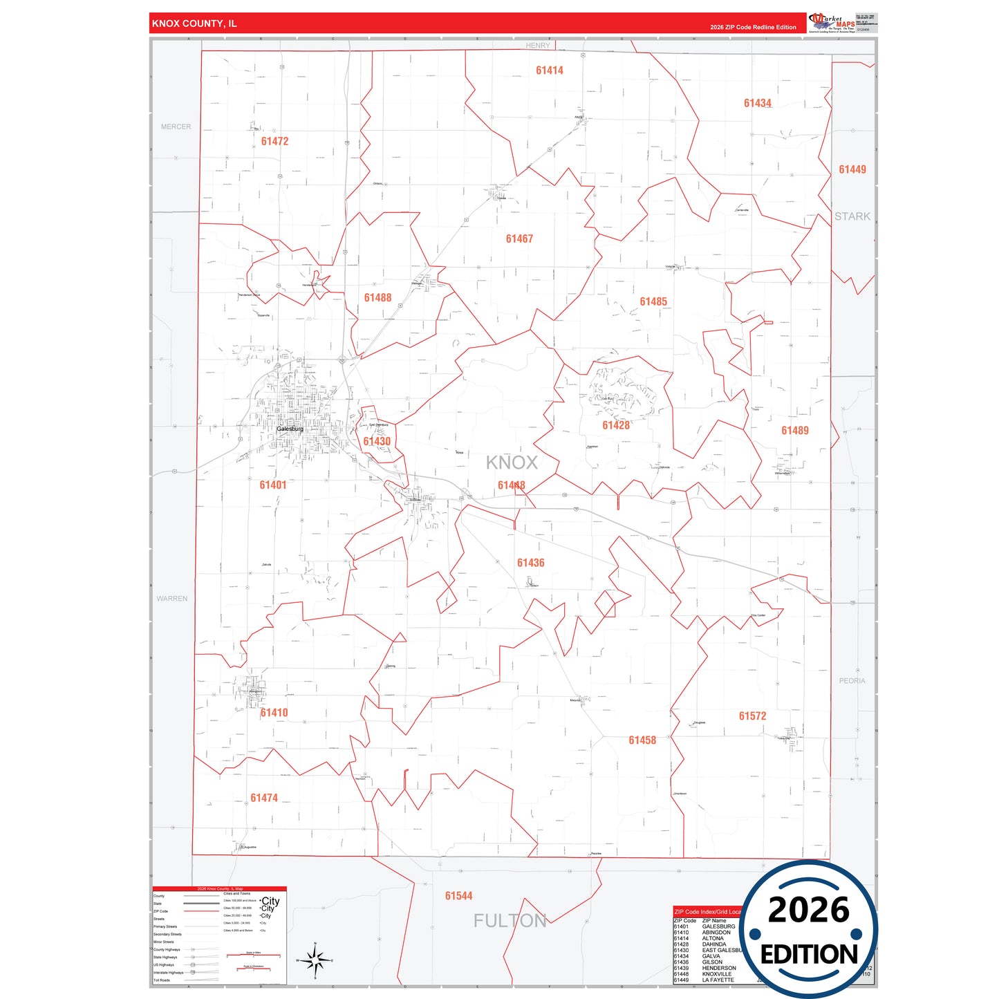 Knox County, IL Red Line 5 Digit ZIP Code Wall Map
