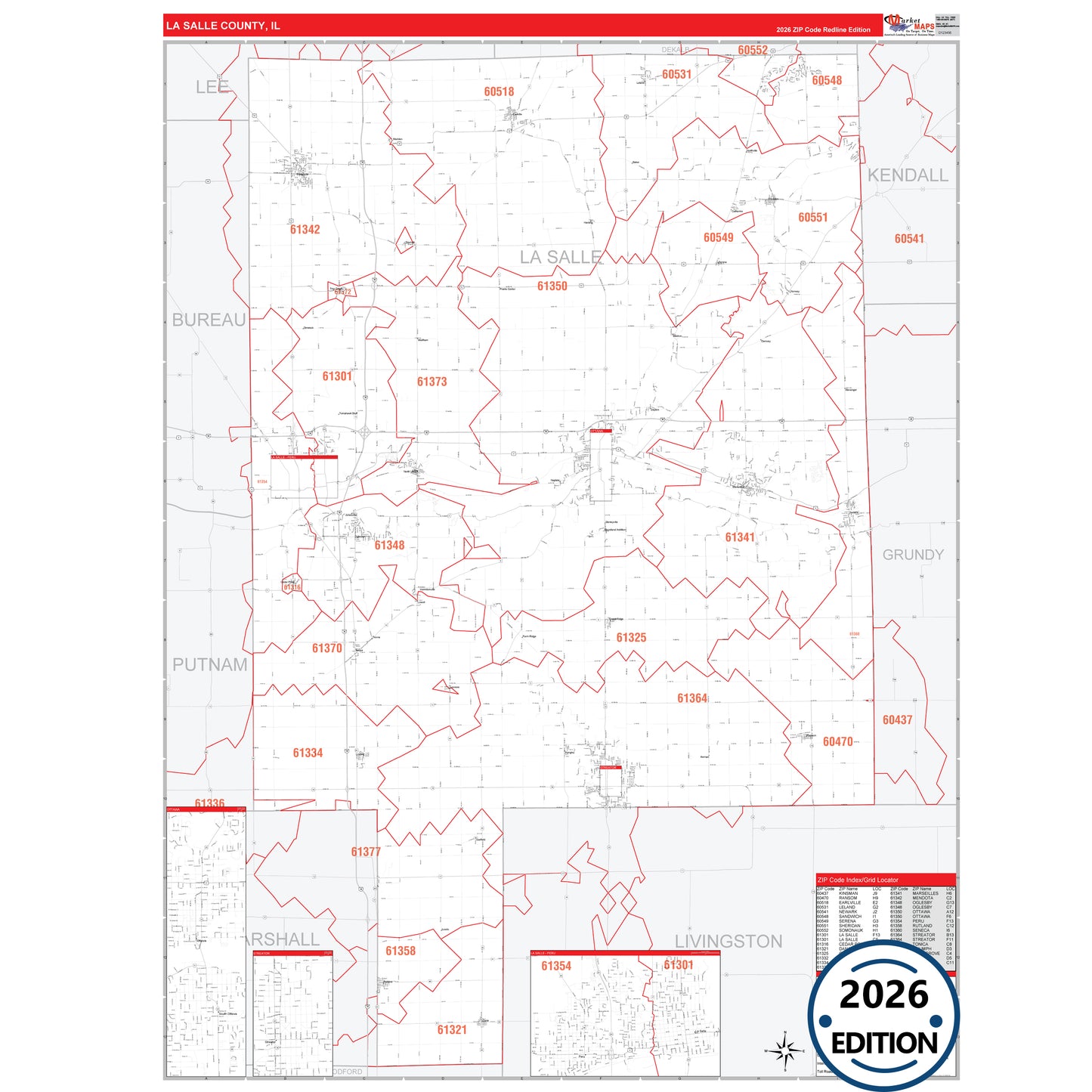 La Salle County, IL Red Line 5 Digit ZIP Code Wall Map