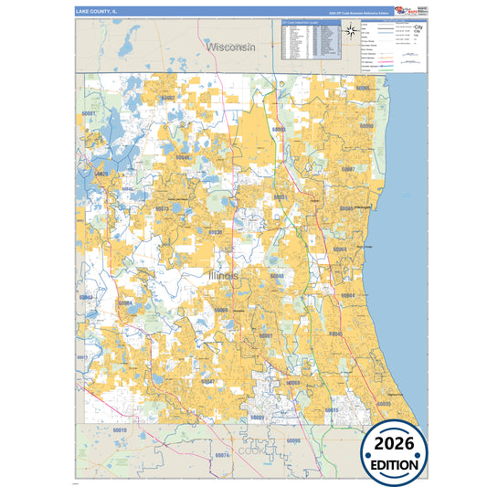 Lake County, IL Business Reference 5 Digit ZIP Code Wall Map
