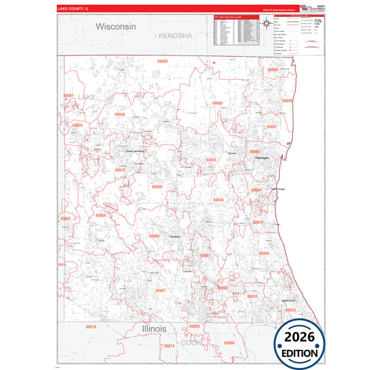 Lake County, IL Red Line 5 Digit ZIP Code Wall Map