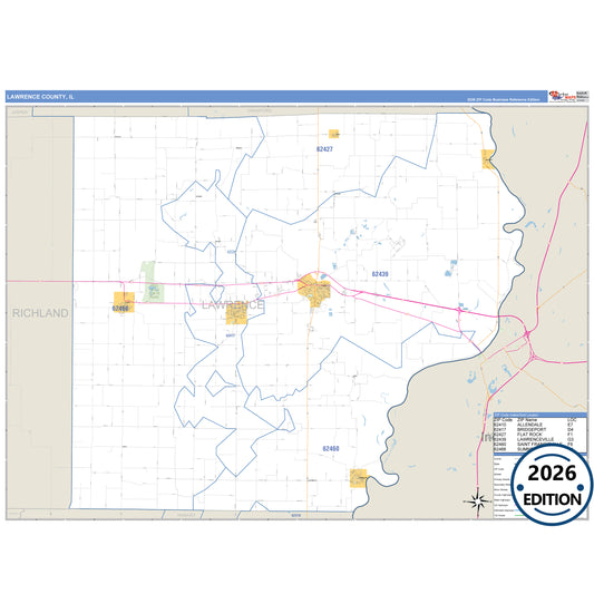 Lawrence County, IL Business Reference 5 Digit ZIP Code Wall Map