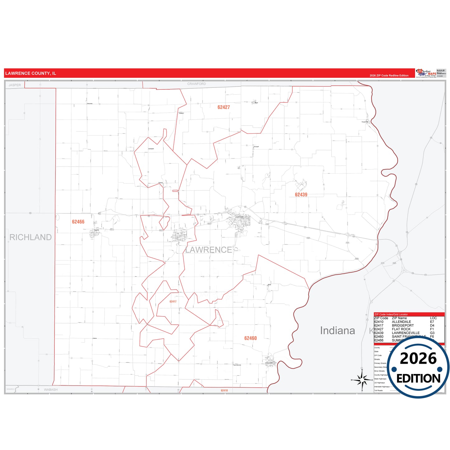 Lawrence County, IL Red Line 5 Digit ZIP Code Wall Map