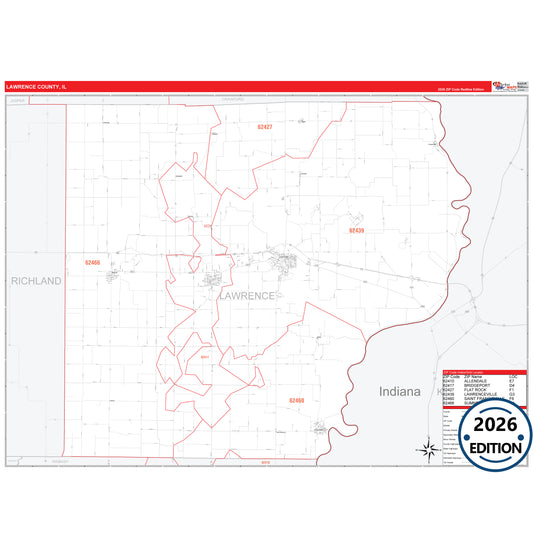 Lawrence County, IL Red Line 5 Digit ZIP Code Wall Map