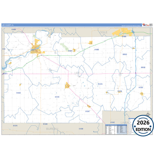 Lee County, IL Business Reference 5 Digit ZIP Code Wall Map