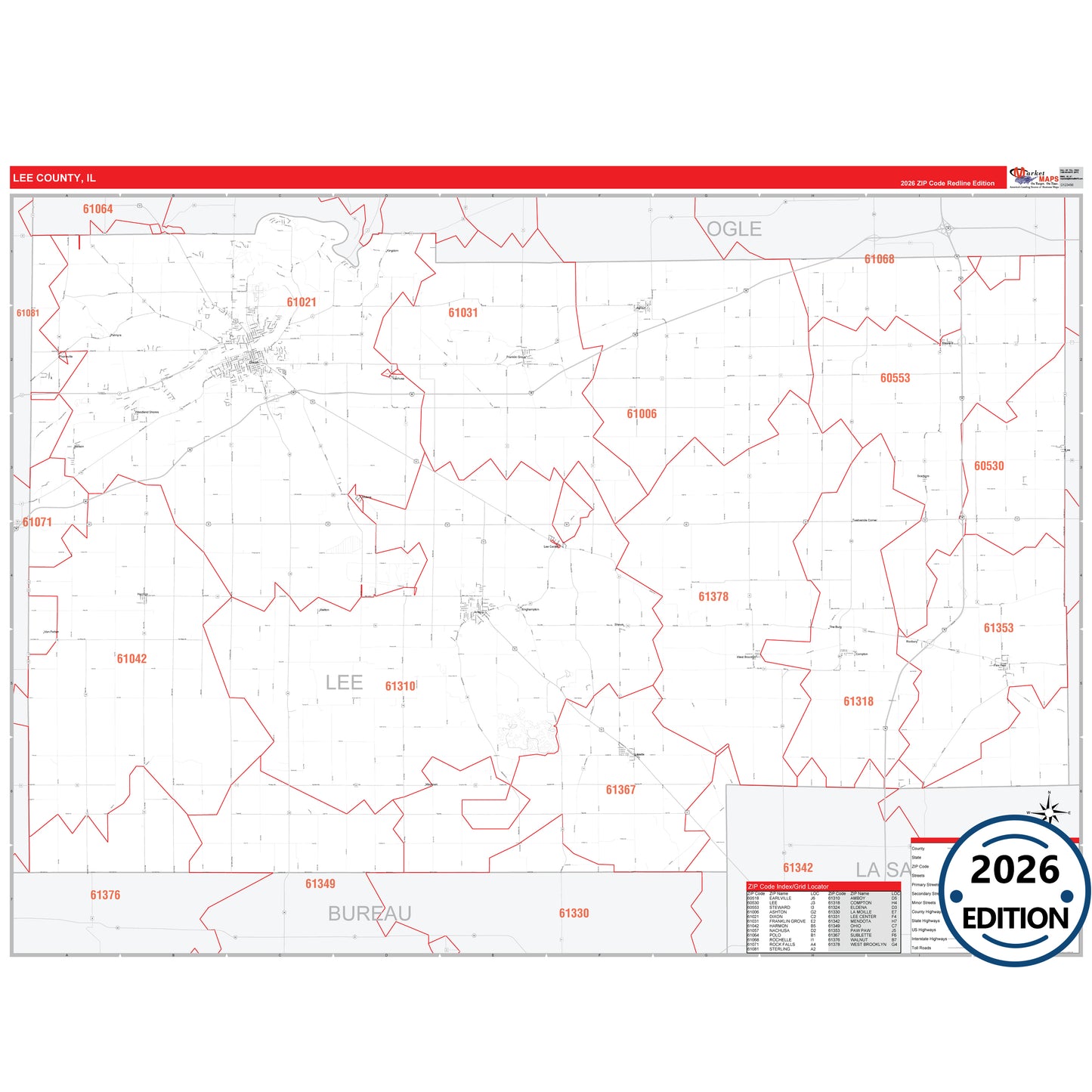Lee County, IL Red Line 5 Digit ZIP Code Wall Map