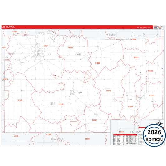 Lee County, IL Red Line 5 Digit ZIP Code Wall Map